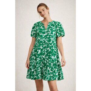 George Green White Leaf Print Tiered Dress Puff Sleeve Swiss Dot Cotton Size M